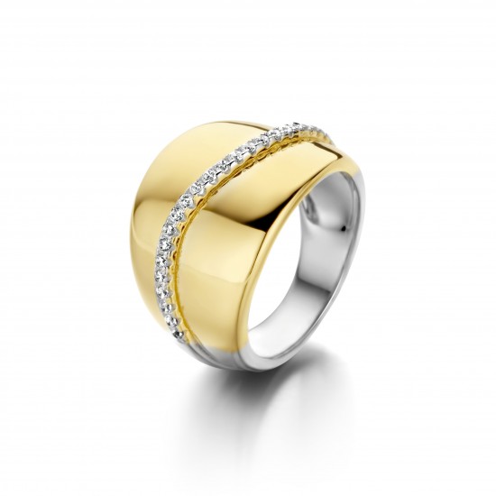 SILVER ROSE - bicolor brede ring in zilver en goldplated met zirconium - 4185