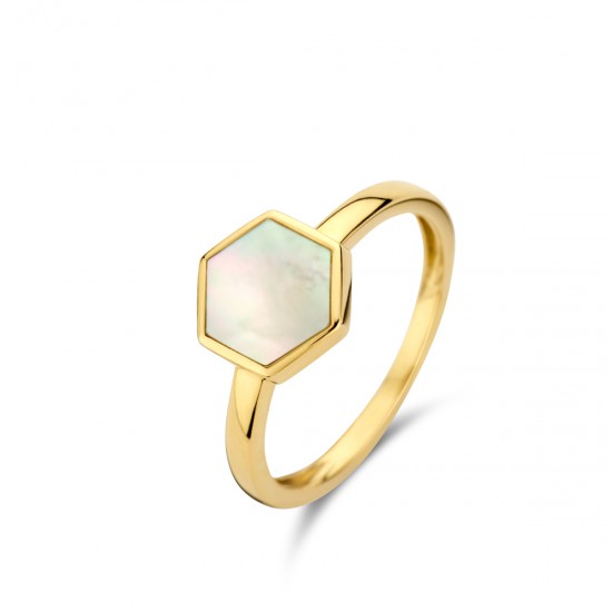 ONE MORE 18kt geelgouden ring met parelmoer hexagon - 14028